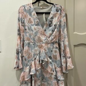 Miami Pink and Gray Long Sleeve Ruffled Dress